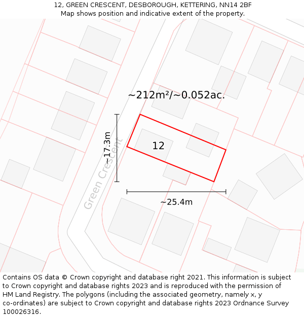 12, GREEN CRESCENT, DESBOROUGH, KETTERING, NN14 2BF: Plot and title map