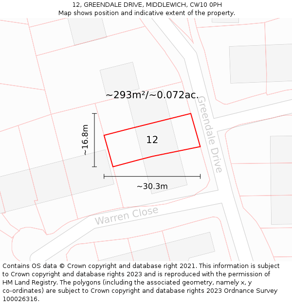 12, GREENDALE DRIVE, MIDDLEWICH, CW10 0PH: Plot and title map