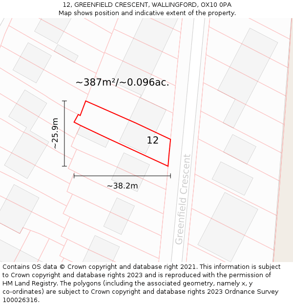 12, GREENFIELD CRESCENT, WALLINGFORD, OX10 0PA: Plot and title map