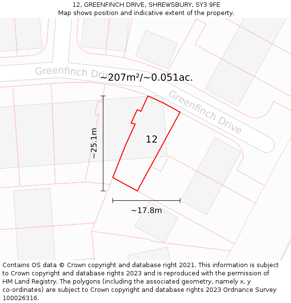 12, GREENFINCH DRIVE, SHREWSBURY, SY3 9FE: Plot and title map