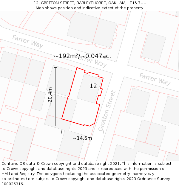 12, GRETTON STREET, BARLEYTHORPE, OAKHAM, LE15 7UU: Plot and title map