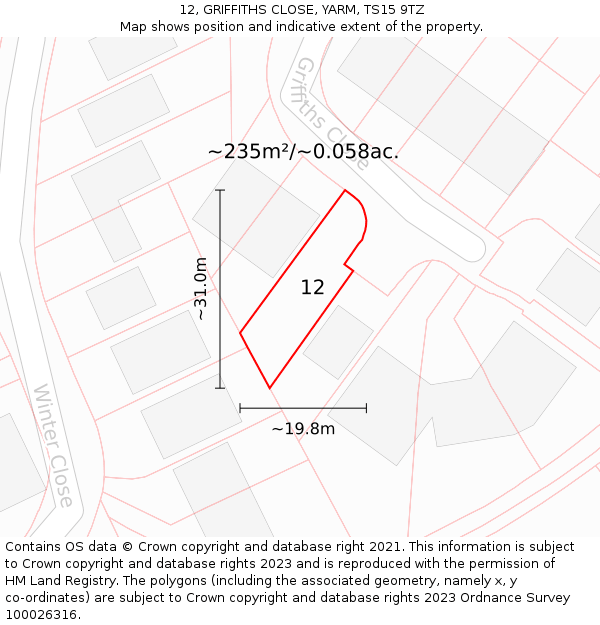 12, GRIFFITHS CLOSE, YARM, TS15 9TZ: Plot and title map