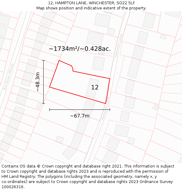 12, HAMPTON LANE, WINCHESTER, SO22 5LF: Plot and title map