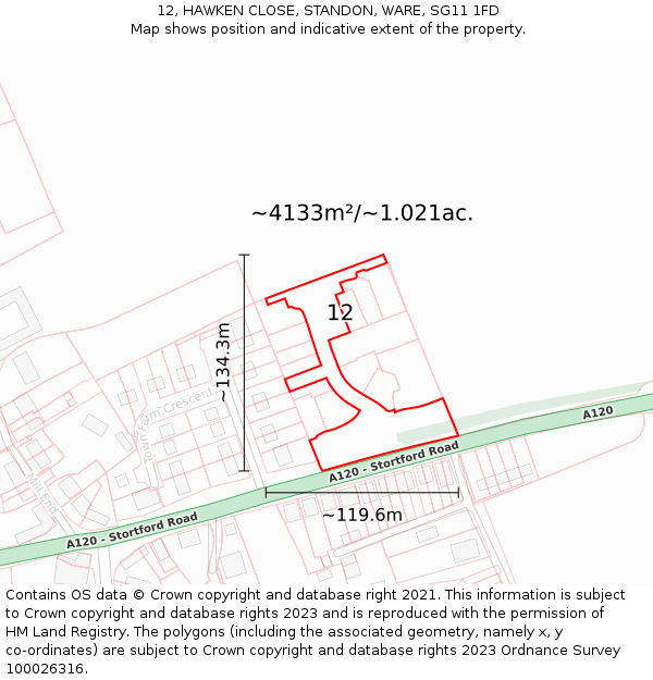 12, HAWKEN CLOSE, STANDON, WARE, SG11 1FD: Plot and title map