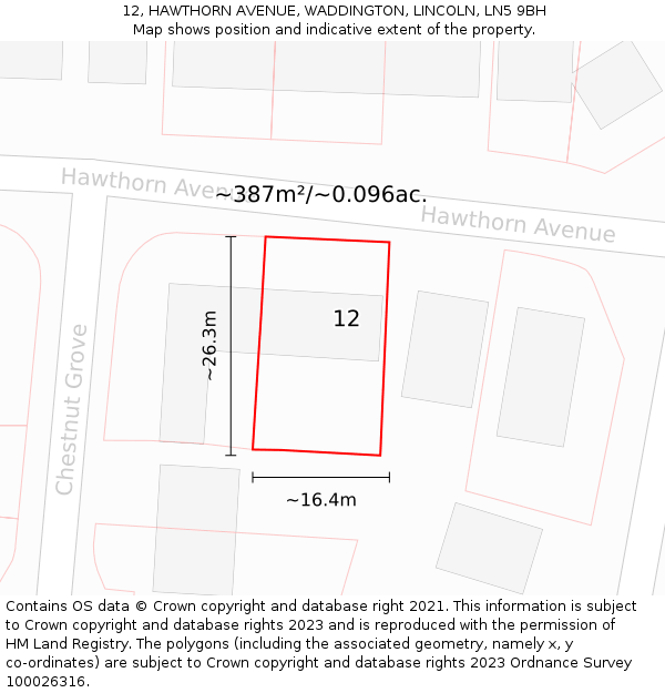 12, HAWTHORN AVENUE, WADDINGTON, LINCOLN, LN5 9BH: Plot and title map