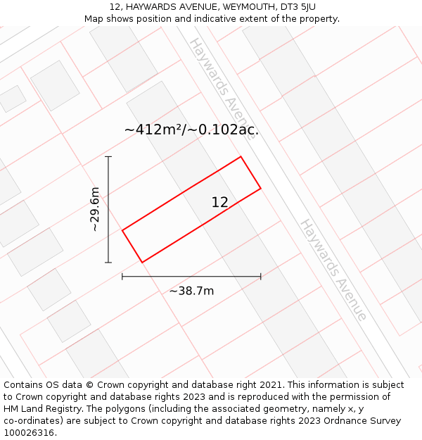 12, HAYWARDS AVENUE, WEYMOUTH, DT3 5JU: Plot and title map