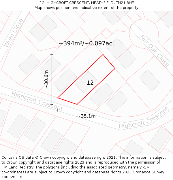 12, HIGHCROFT CRESCENT, HEATHFIELD, TN21 8HE: Plot and title map