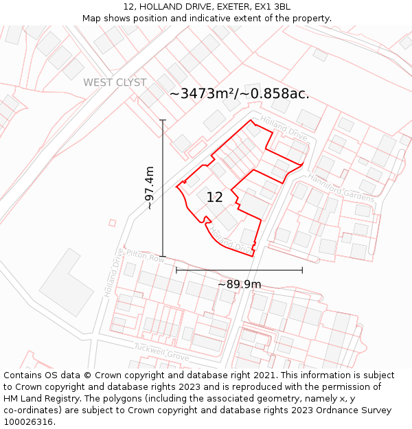 12, HOLLAND DRIVE, EXETER, EX1 3BL: Plot and title map