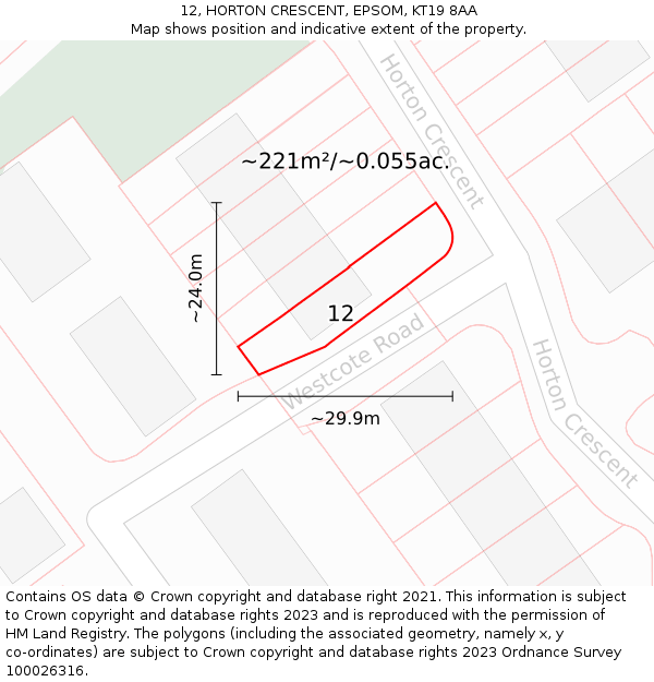 12, HORTON CRESCENT, EPSOM, KT19 8AA: Plot and title map