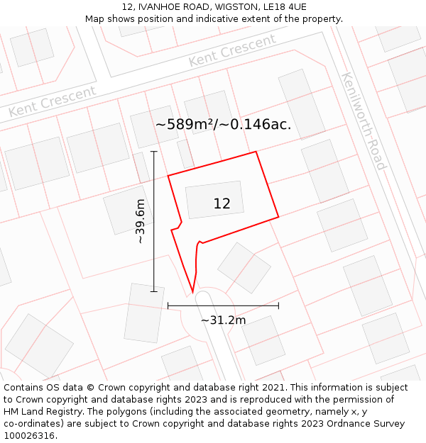 12, IVANHOE ROAD, WIGSTON, LE18 4UE: Plot and title map