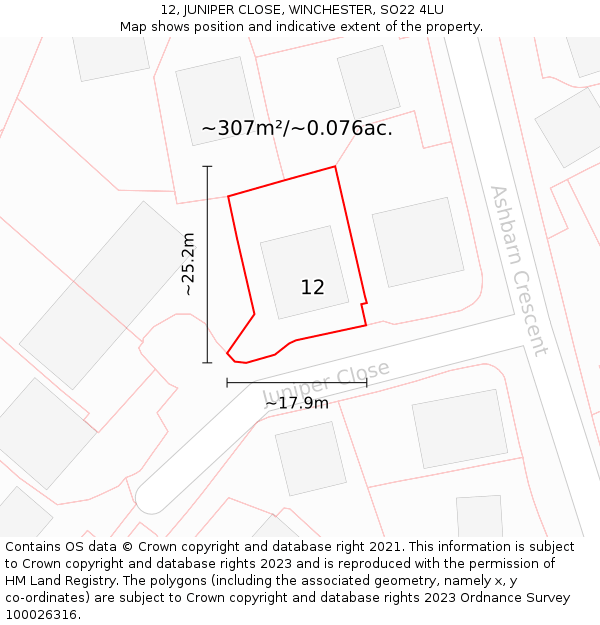 12, JUNIPER CLOSE, WINCHESTER, SO22 4LU: Plot and title map