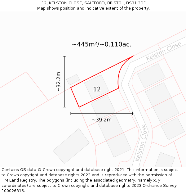 12, KELSTON CLOSE, SALTFORD, BRISTOL, BS31 3DF: Plot and title map