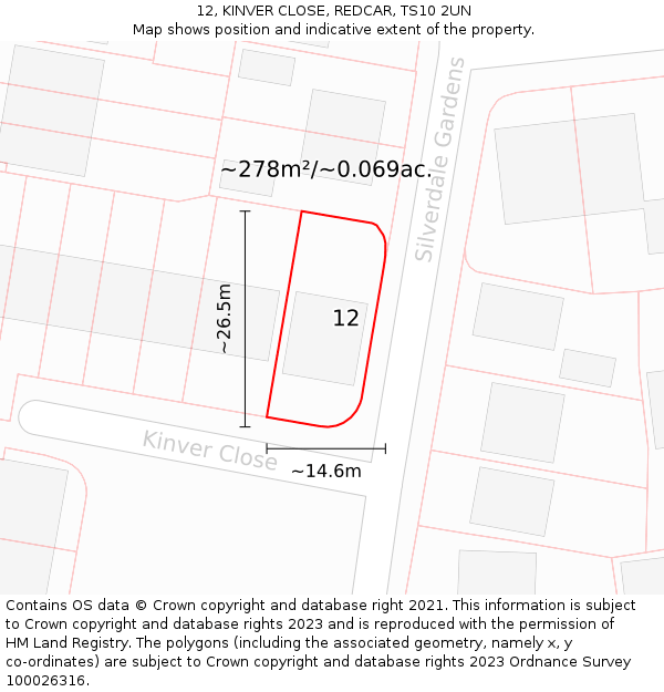 12, KINVER CLOSE, REDCAR, TS10 2UN: Plot and title map