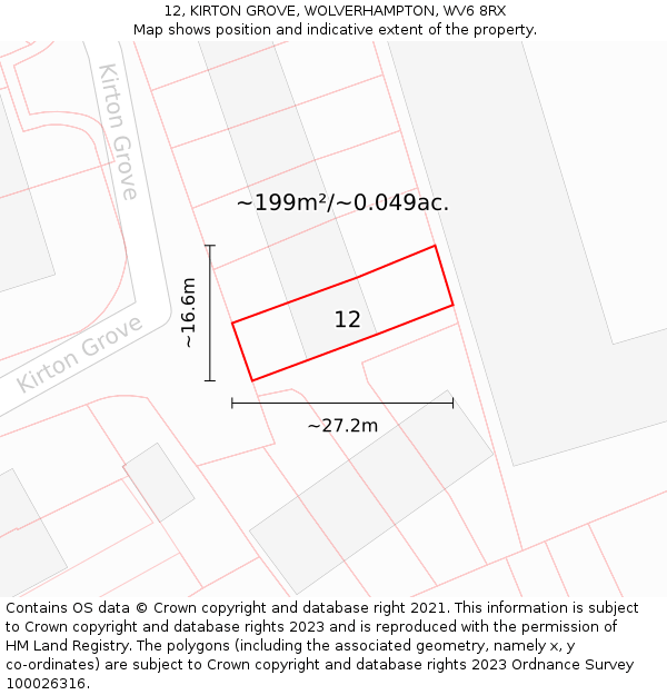 12, KIRTON GROVE, WOLVERHAMPTON, WV6 8RX: Plot and title map