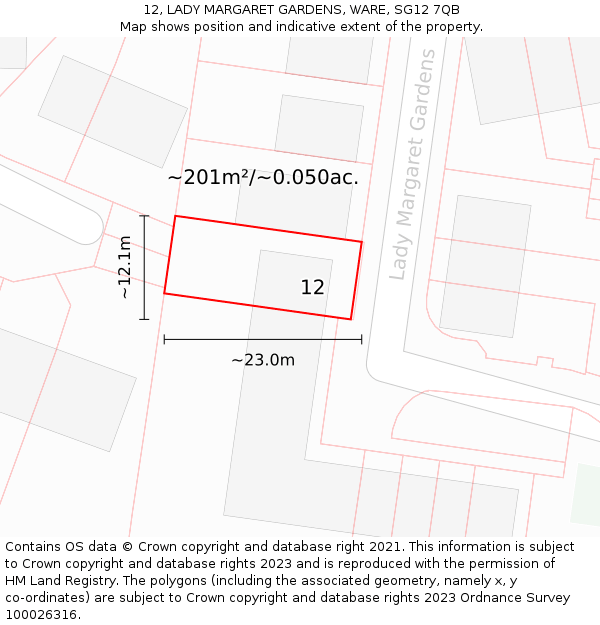 12, LADY MARGARET GARDENS, WARE, SG12 7QB: Plot and title map