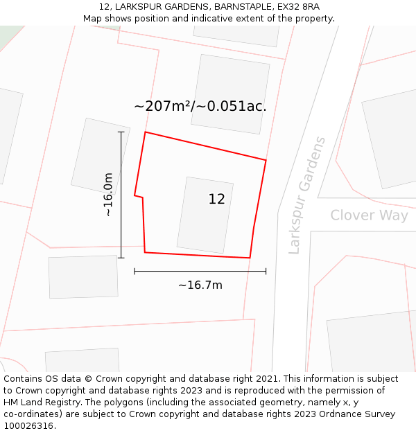 12, LARKSPUR GARDENS, BARNSTAPLE, EX32 8RA: Plot and title map