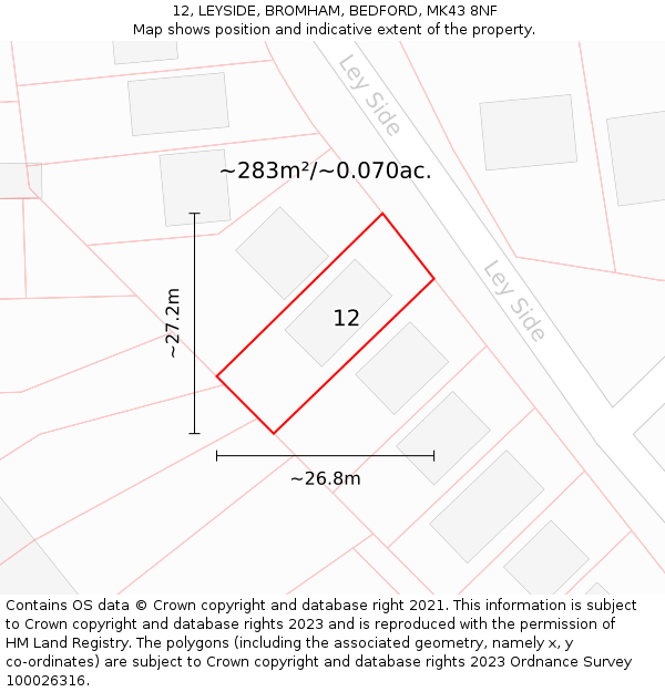 12, LEYSIDE, BROMHAM, BEDFORD, MK43 8NF: Plot and title map