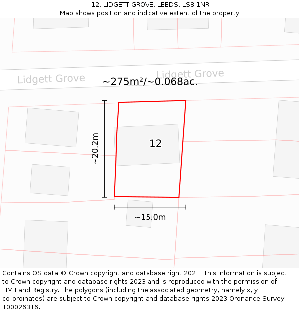 12, LIDGETT GROVE, LEEDS, LS8 1NR: Plot and title map