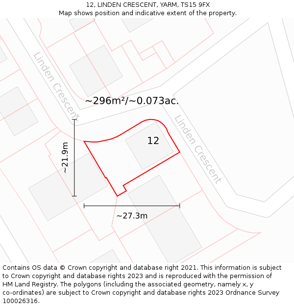 12, LINDEN CRESCENT, YARM, TS15 9FX: Plot and title map