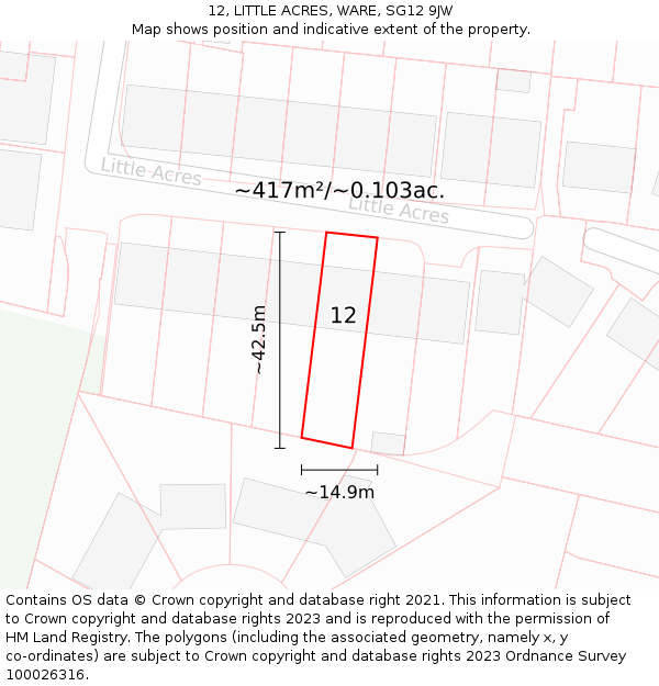 12, LITTLE ACRES, WARE, SG12 9JW: Plot and title map