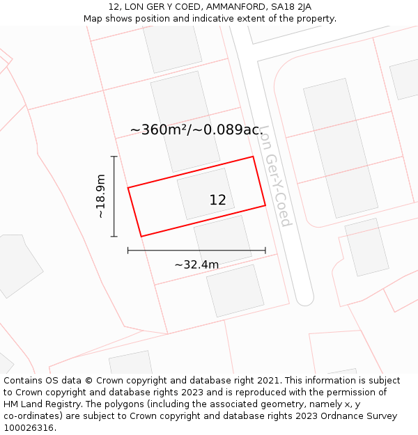 12, LON GER Y COED, AMMANFORD, SA18 2JA: Plot and title map