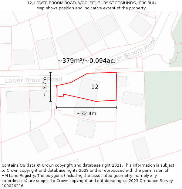 12, LOWER BROOM ROAD, WOOLPIT, BURY ST EDMUNDS, IP30 9UU: Plot and title map