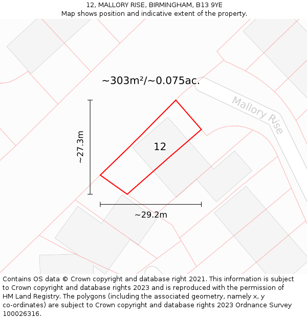 12, MALLORY RISE, BIRMINGHAM, B13 9YE: Plot and title map