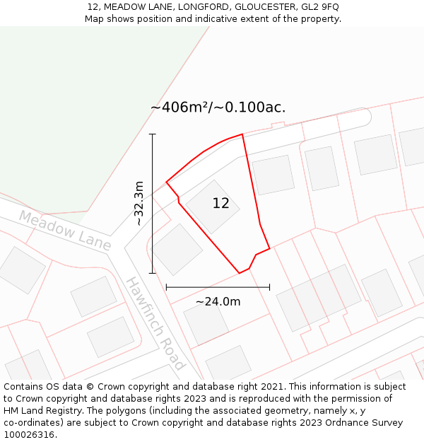 12, MEADOW LANE, LONGFORD, GLOUCESTER, GL2 9FQ: Plot and title map