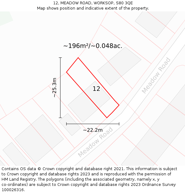 12, MEADOW ROAD, WORKSOP, S80 3QE: Plot and title map