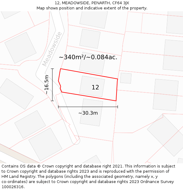 12, MEADOWSIDE, PENARTH, CF64 3JX: Plot and title map