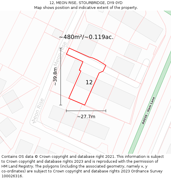 12, MEON RISE, STOURBRIDGE, DY9 0YD: Plot and title map