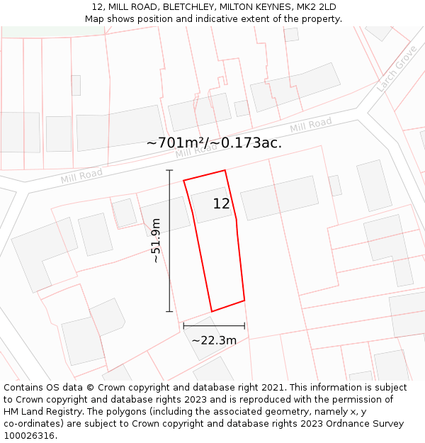 12, MILL ROAD, BLETCHLEY, MILTON KEYNES, MK2 2LD: Plot and title map