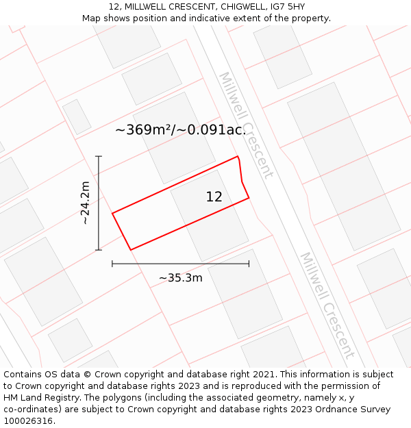 12, MILLWELL CRESCENT, CHIGWELL, IG7 5HY: Plot and title map