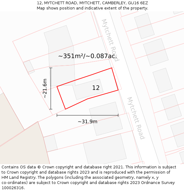 12, MYTCHETT ROAD, MYTCHETT, CAMBERLEY, GU16 6EZ: Plot and title map