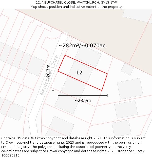 12, NEUFCHATEL CLOSE, WHITCHURCH, SY13 1TW: Plot and title map