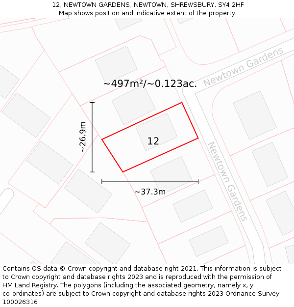 12, NEWTOWN GARDENS, NEWTOWN, SHREWSBURY, SY4 2HF: Plot and title map