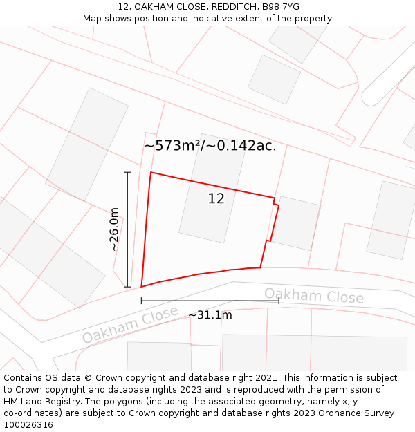 12, OAKHAM CLOSE, REDDITCH, B98 7YG: Plot and title map