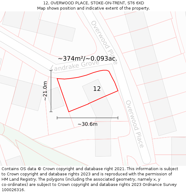 12, OVERWOOD PLACE, STOKE-ON-TRENT, ST6 6XD: Plot and title map