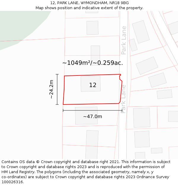 12, PARK LANE, WYMONDHAM, NR18 9BG: Plot and title map