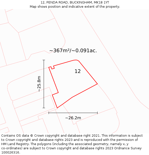 12, PENDA ROAD, BUCKINGHAM, MK18 1YT: Plot and title map