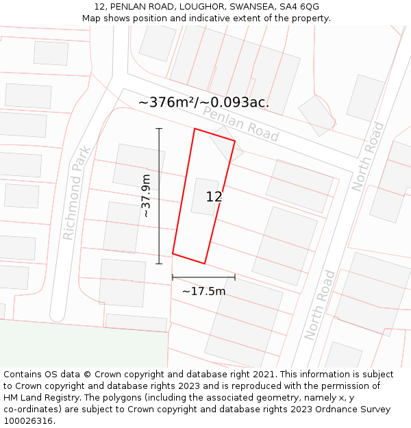 12, PENLAN ROAD, LOUGHOR, SWANSEA, SA4 6QG: Plot and title map