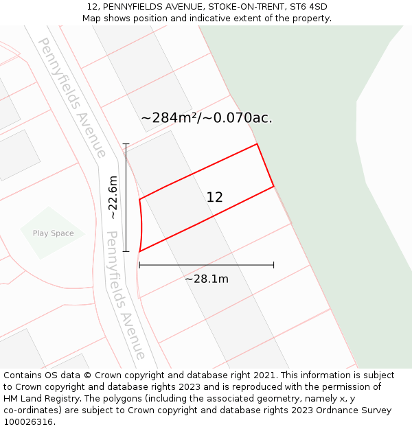 12, PENNYFIELDS AVENUE, STOKE-ON-TRENT, ST6 4SD: Plot and title map