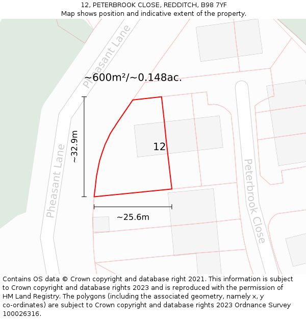 12, PETERBROOK CLOSE, REDDITCH, B98 7YF: Plot and title map