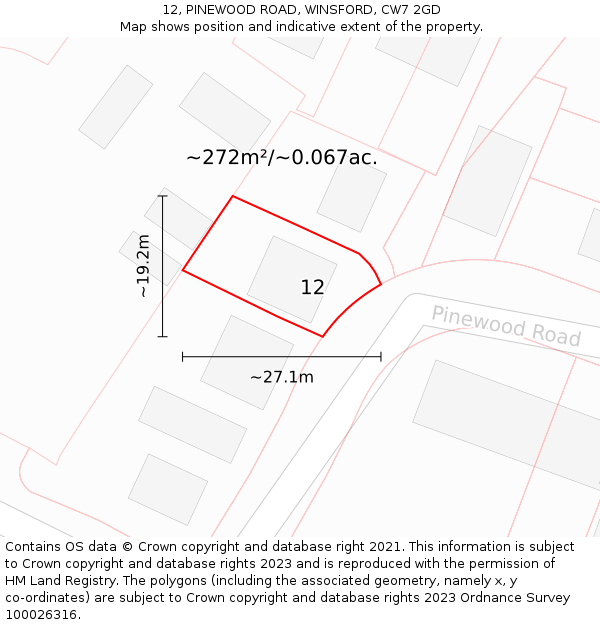 12, PINEWOOD ROAD, WINSFORD, CW7 2GD: Plot and title map