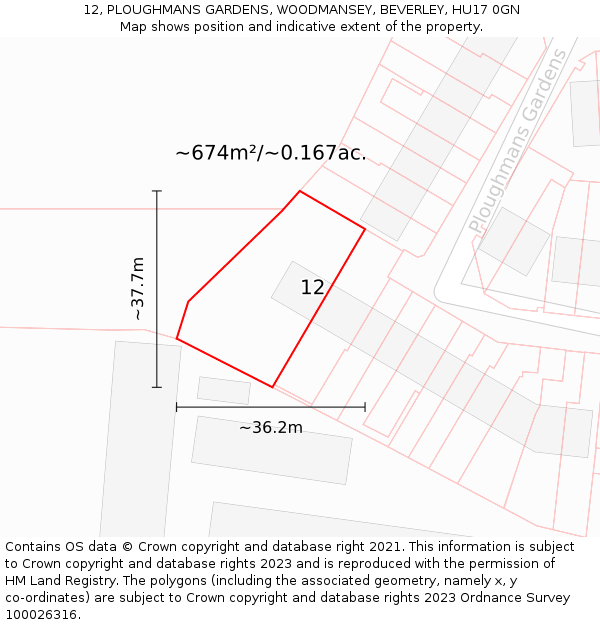 12, PLOUGHMANS GARDENS, WOODMANSEY, BEVERLEY, HU17 0GN: Plot and title map