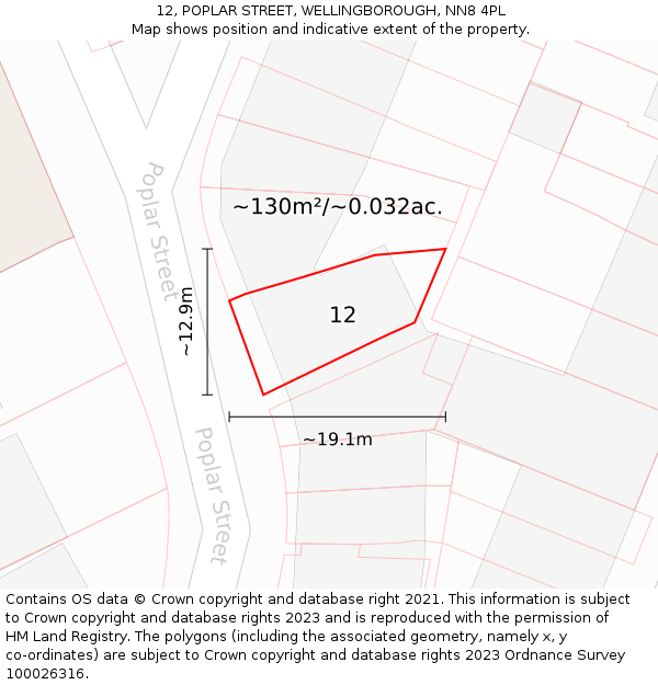 12, POPLAR STREET, WELLINGBOROUGH, NN8 4PL: Plot and title map