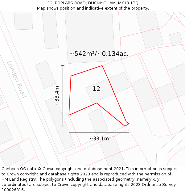 12, POPLARS ROAD, BUCKINGHAM, MK18 1BQ: Plot and title map