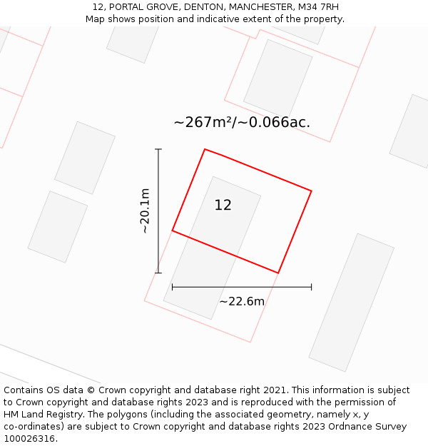 12, PORTAL GROVE, DENTON, MANCHESTER, M34 7RH: Plot and title map