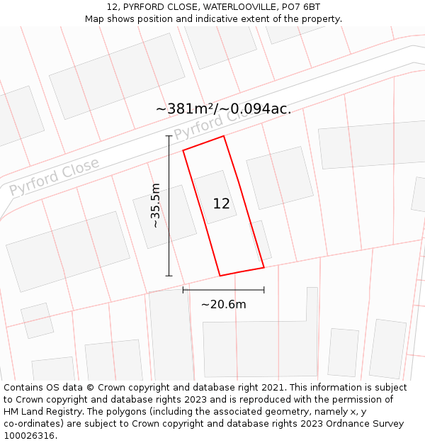 12, PYRFORD CLOSE, WATERLOOVILLE, PO7 6BT: Plot and title map