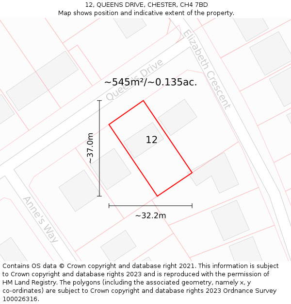 12, QUEENS DRIVE, CHESTER, CH4 7BD: Plot and title map